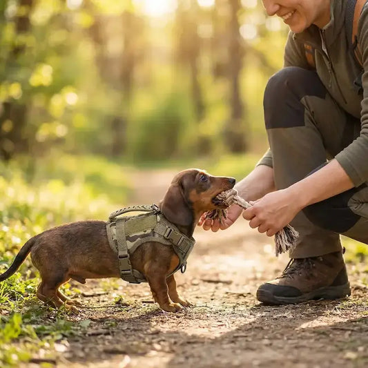Un homme accroupi joue avec son chiot teckel qui porte un harnais pour chien vert camouflage.