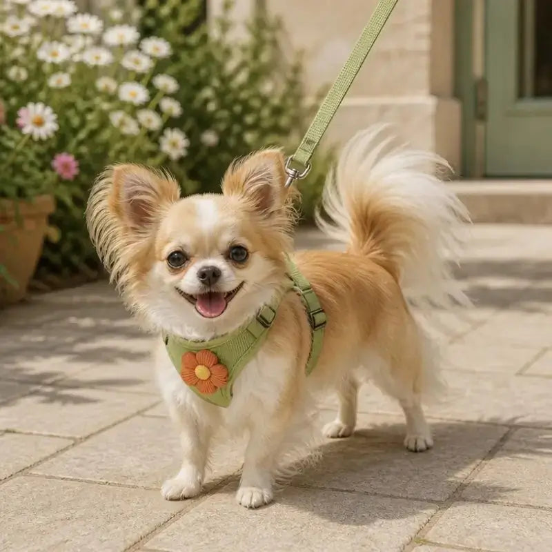 Un chihuahua papillon en laisse avec son harnais pour chien de couleur vert.