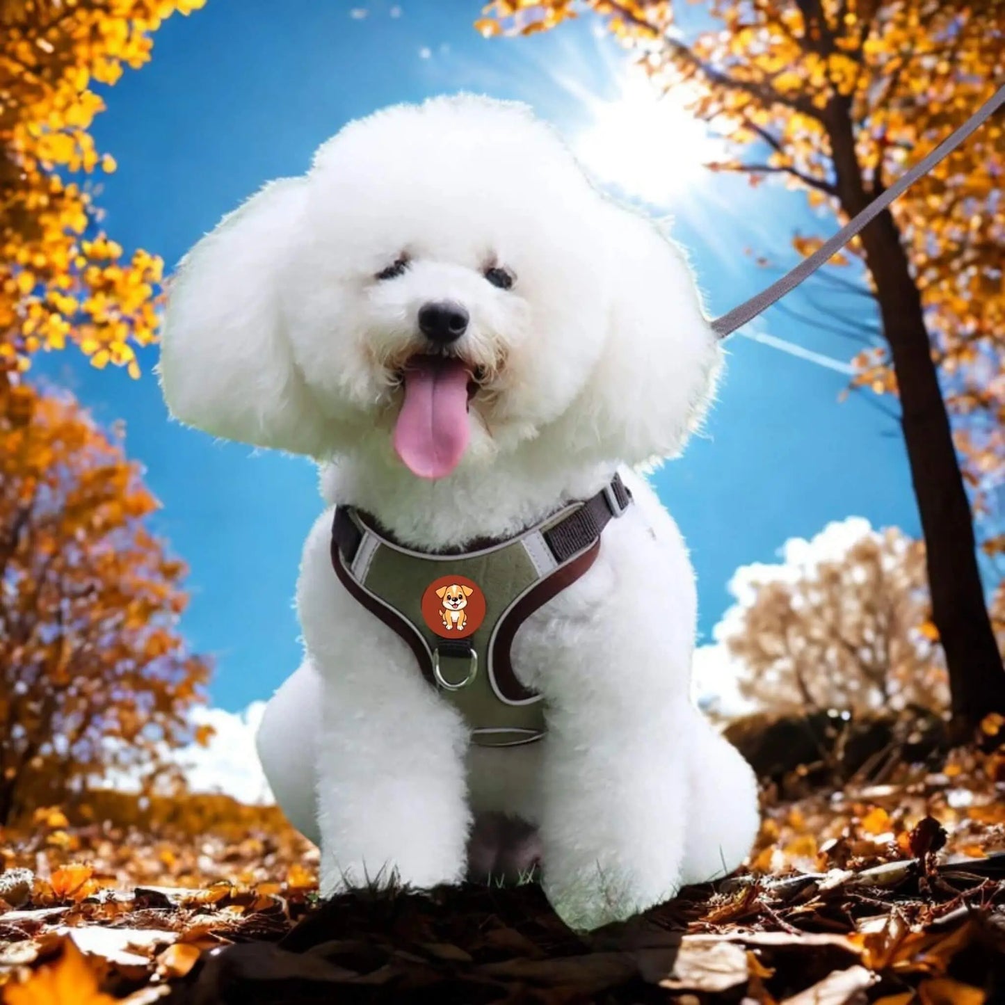 Un bichon frisé avec un harnais de couleur cacao-café sur des feuilles en automne et un beau soleil.