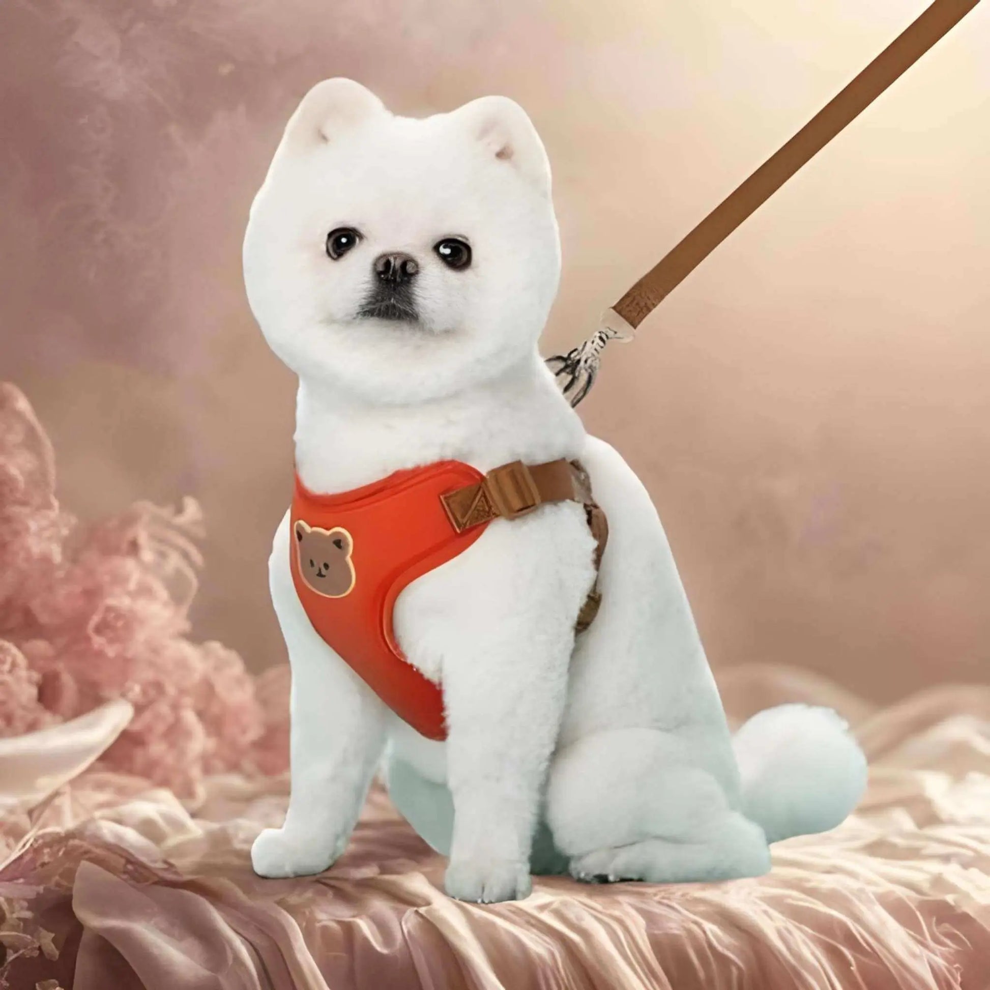 Un loulou poméranien assis en laisse avec un harnais pour petit chien rouge