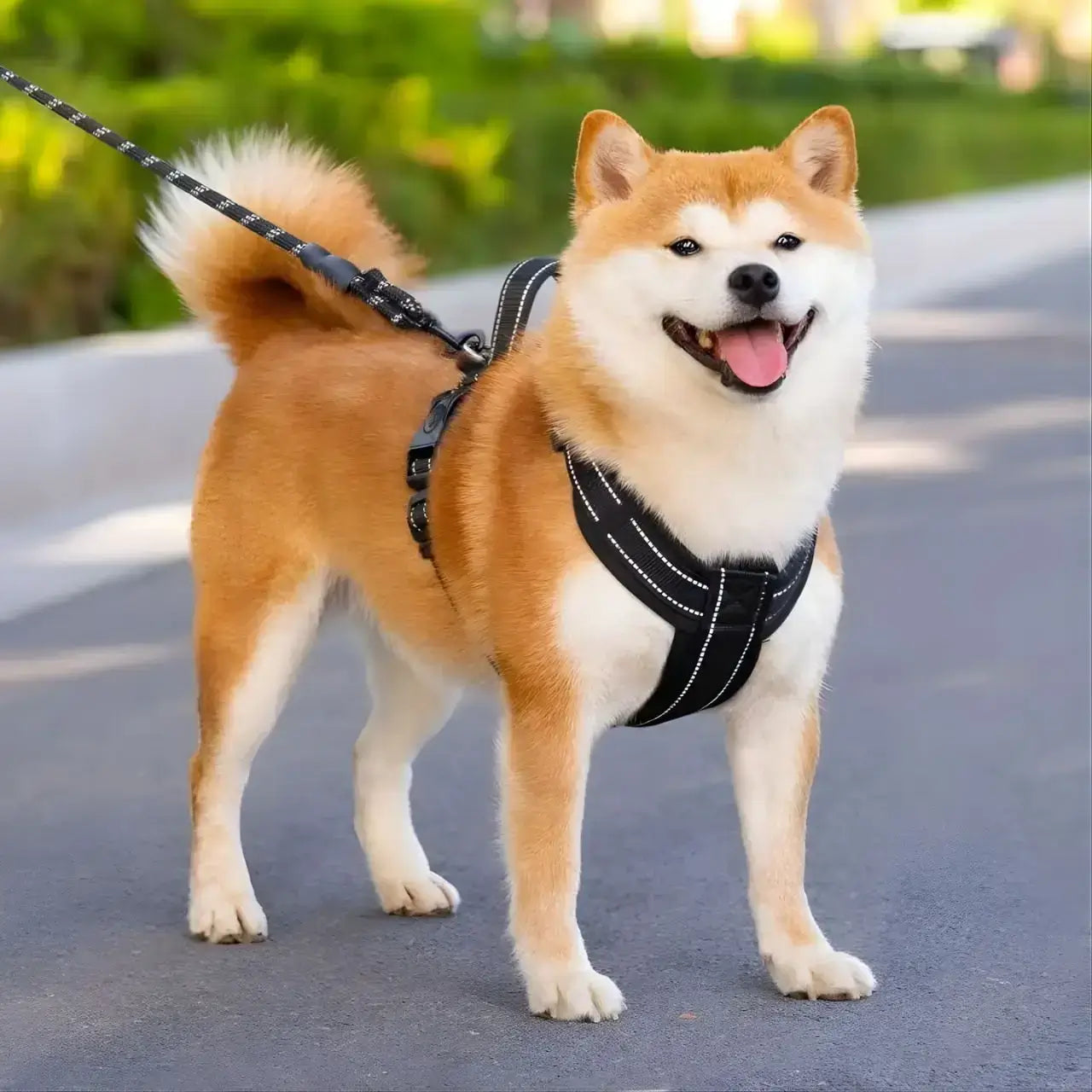 Un shiba inu debout dans la rue avec son harnais pour shiba inu noir.