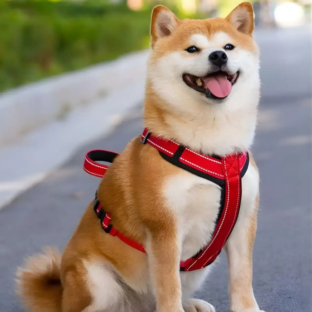 Un shiba assis dans la rue avec son harnais pour shiba inu rouge.