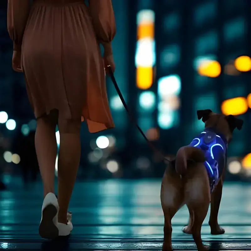 Une femme avec son chien marche dans la rue la nuit, le chien porte le harnais lumineux bleu.