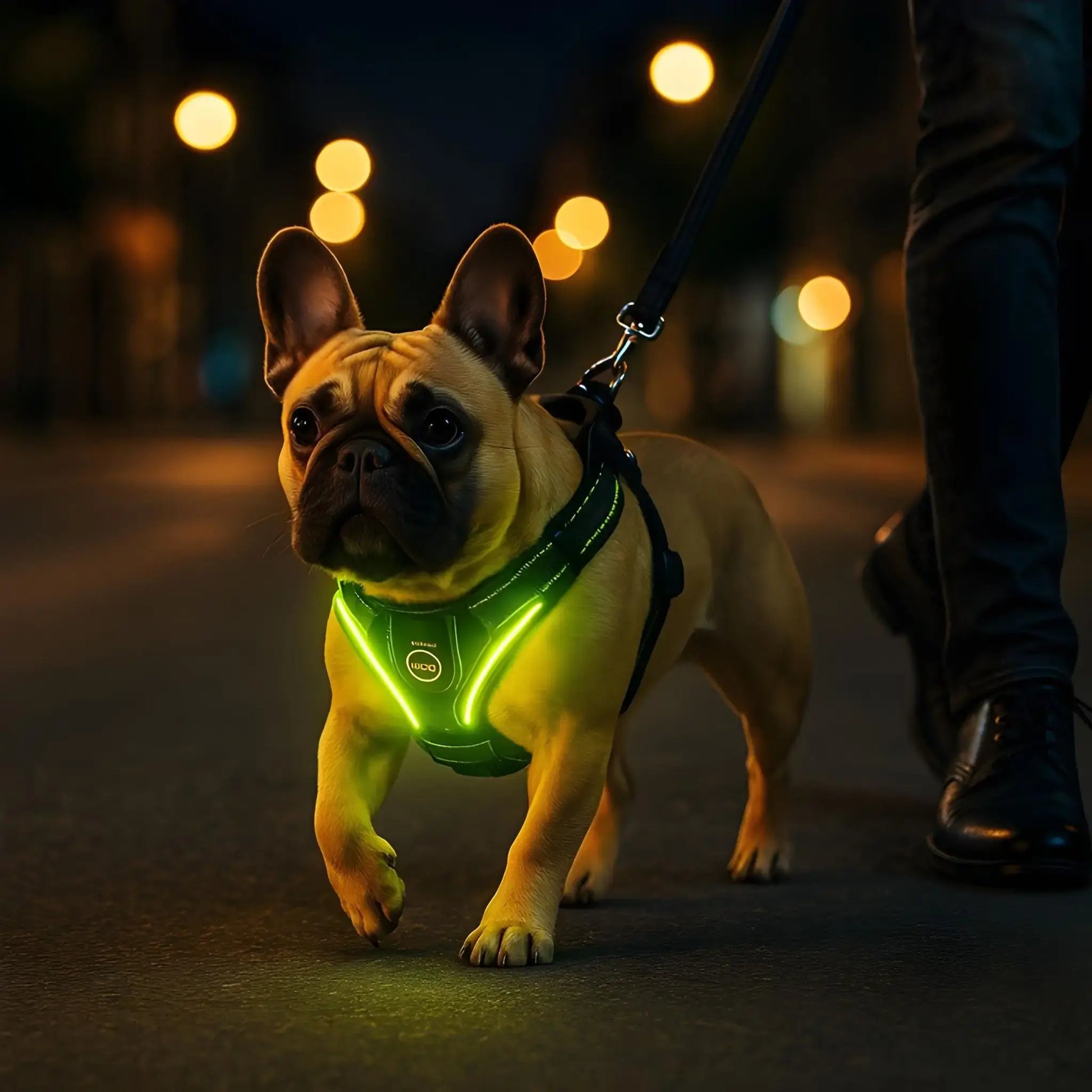 Un bouledogue français marche dans la rue la nuit avec son harnais réfléchissant vert