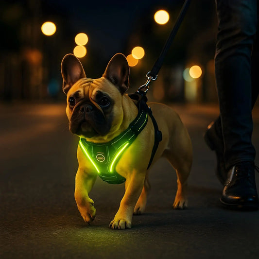 Un bouledogue français marche dans la rue la nuit avec son harnais réfléchissant vert