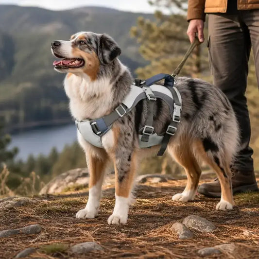 Un berger australien en randonnée avec son maître porte un harnais rafraîchissant.pour chien. 