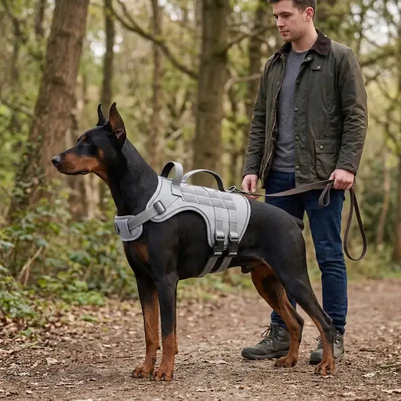 Un doberman avec son maître dans la forêt porte un harnais gris.