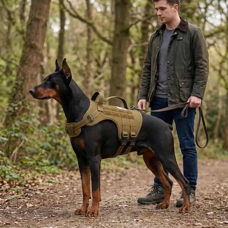 Un homme avec son doberman qui porte un harnais pour chien kaki dans une forêt. 