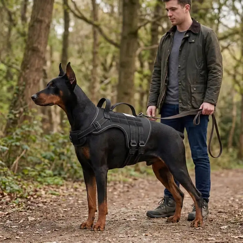 Un doberman avec un harnais tactique pour chien noir avec son maître dans la forêt.