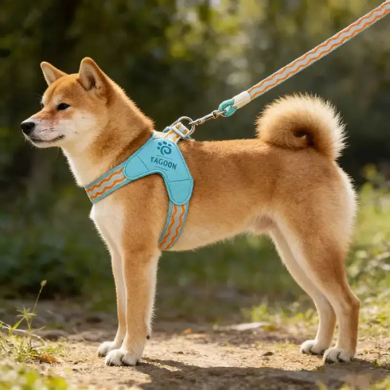 Vue  laterale d'un shiba inu avec un harnais en Y pour chien bleu.
