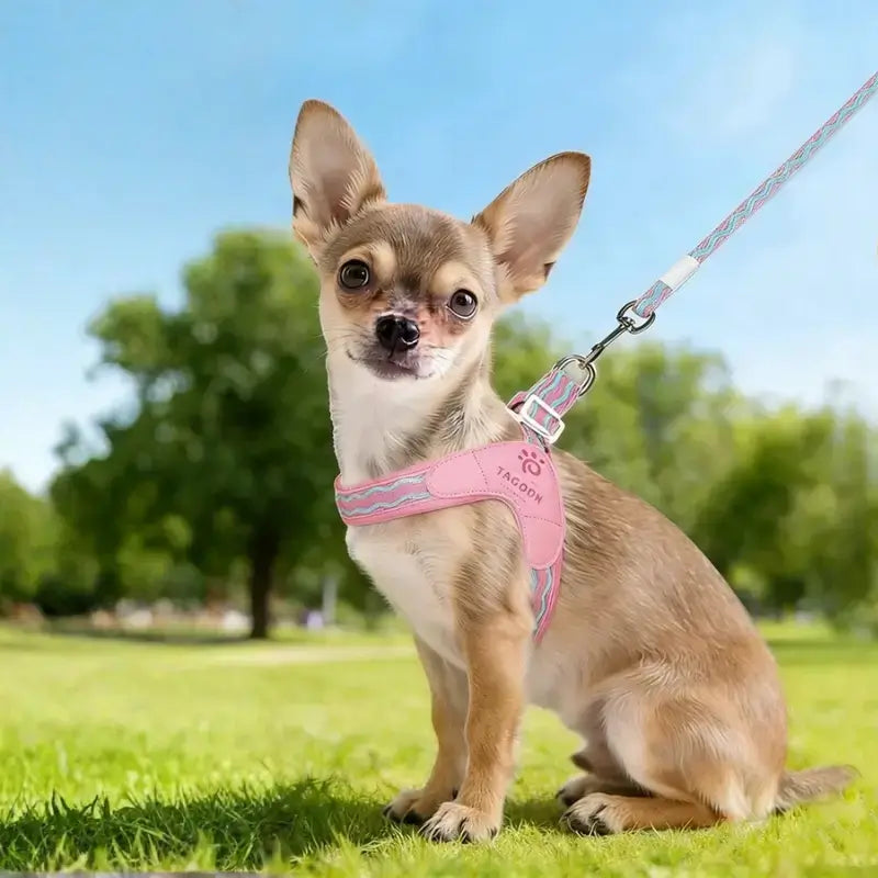 Un chihuahua assis en laisse avec son harnais en Y pour chien rose.