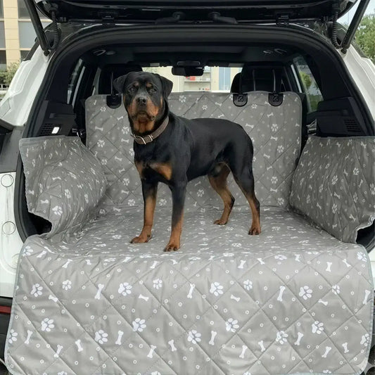 Un rottweiler debout dans le coffre sur une housse de protection pour chien de voiture.