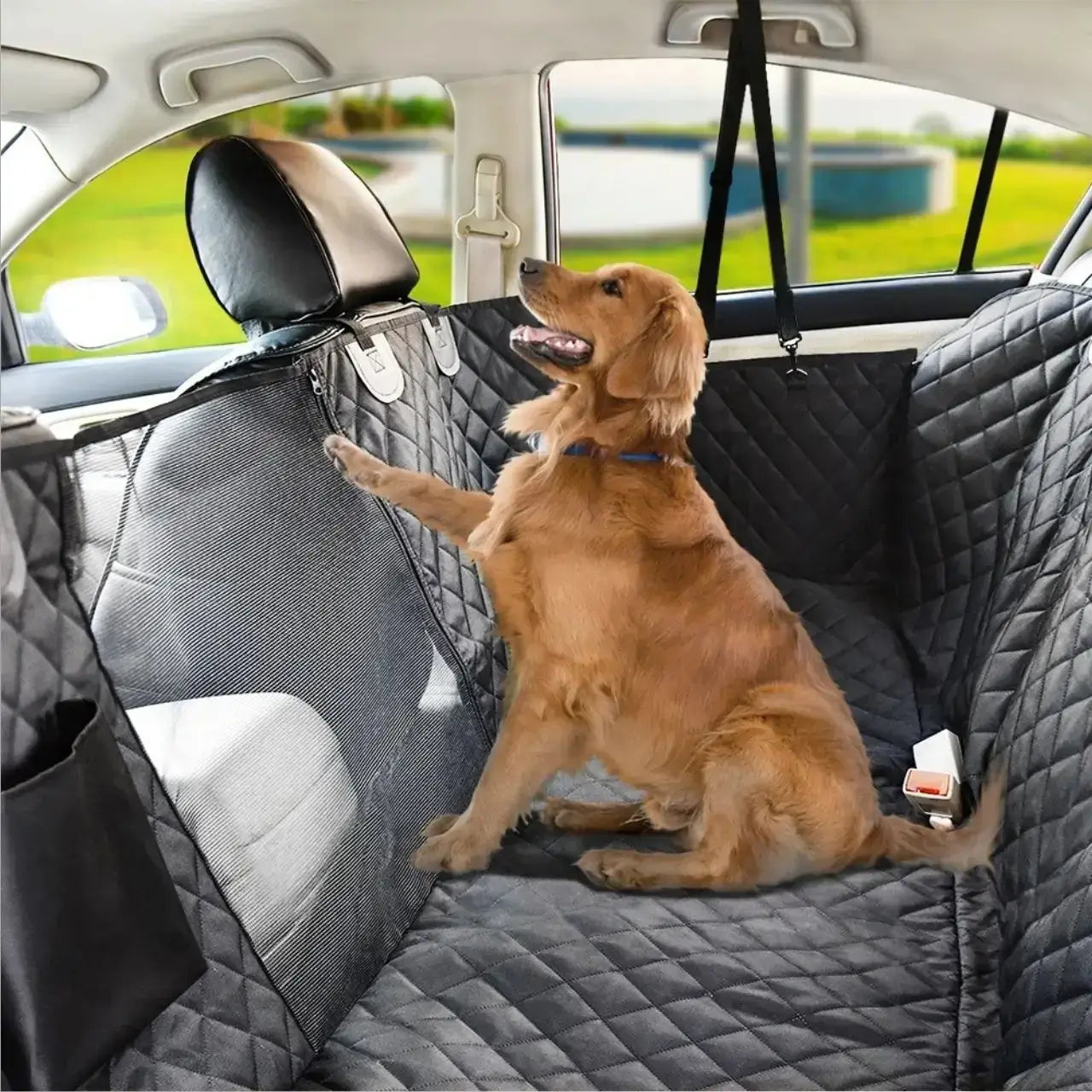 Un golden retriever assis sur la housse de voiture pour chien noir sur la banquette arrière d'une voiture.