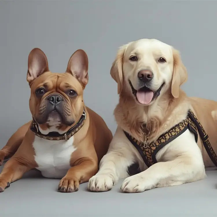 Un bouledogue français avec un golden retriever côte à côte avec des accessoires de chien