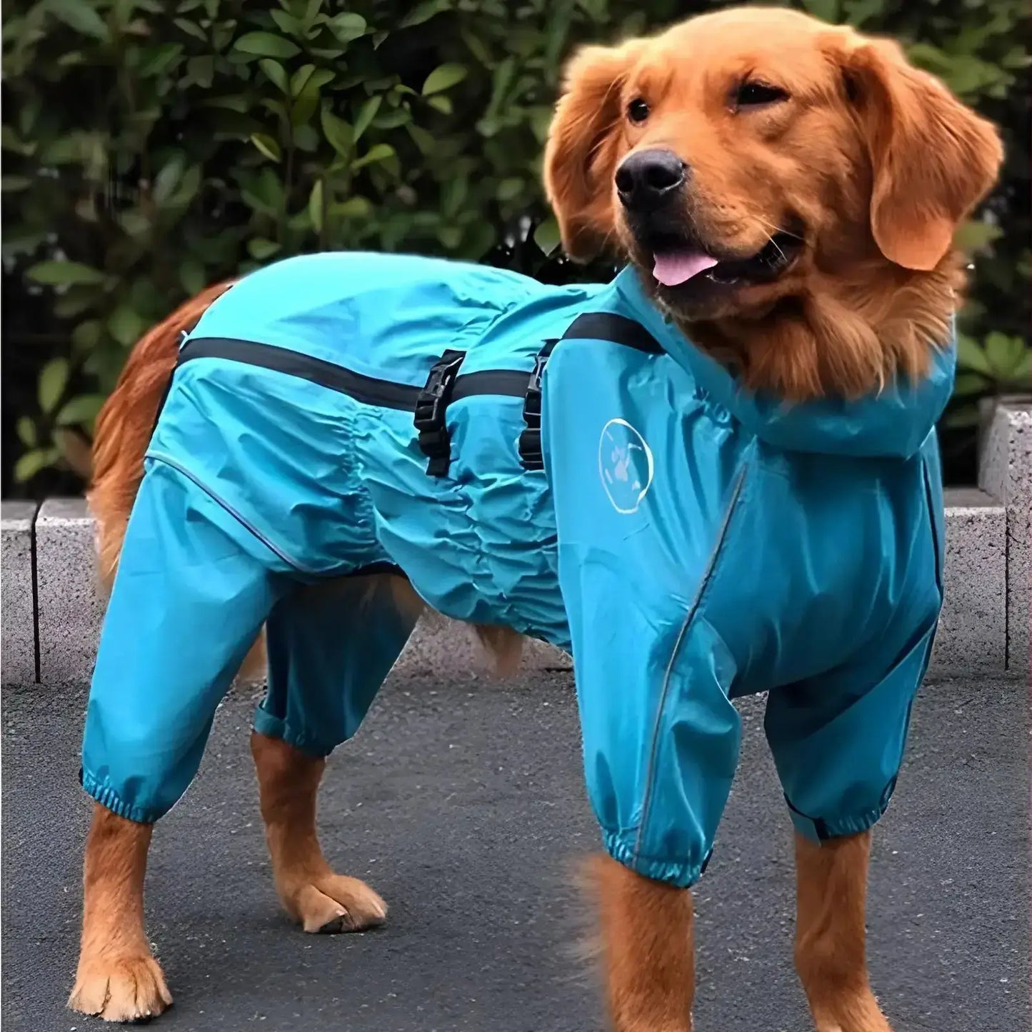 Un golden retriever porte un imperméable pour chien bleu.