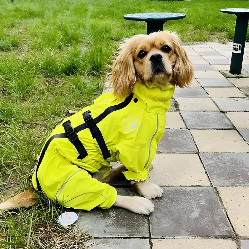 Un cavalier King Charles porte un imperméable pour chien jaune dans un parc.
