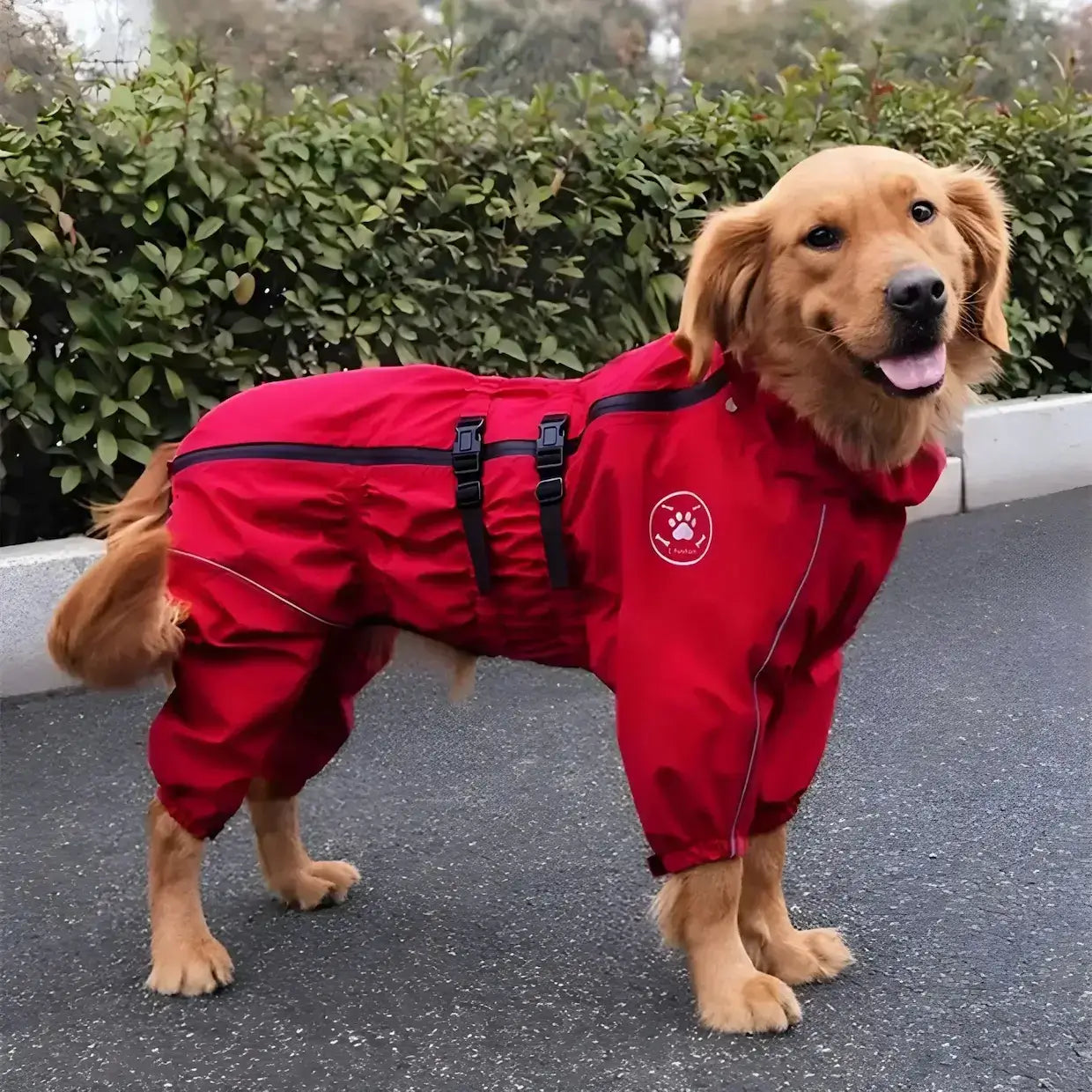 Un golden retriever dans la rue porte un imperméable pour chien rouge.