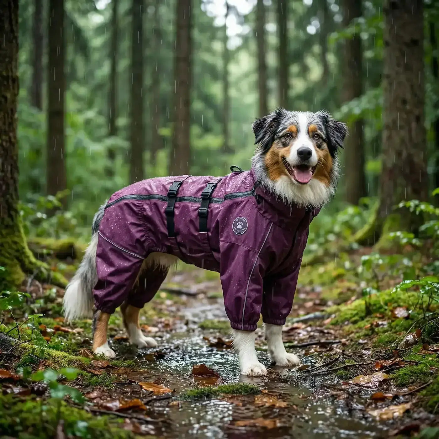 Un berger australien dans la forêt porte un imperméable pour chien violet sous la pluie.