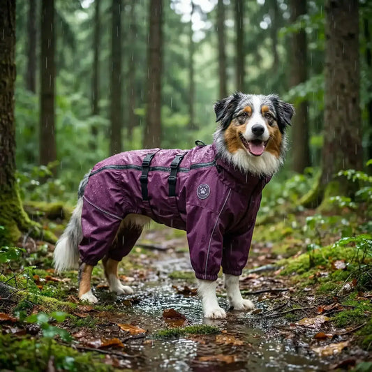 Un berger australien dans un sentier en foret porte un imperméable pour chien violet.