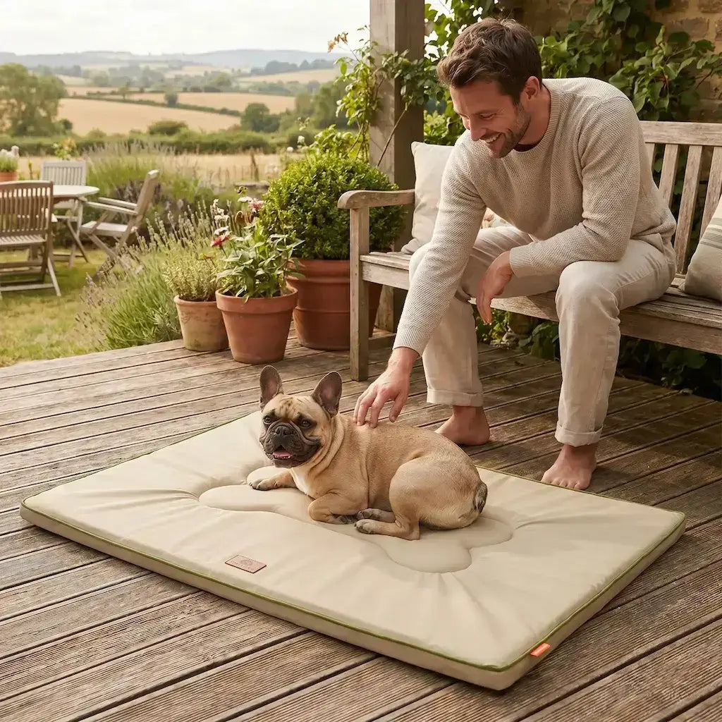 Un homme sur une terrasse caresse son bouledogue français allongé sur le tapis imperméable pour chien beige pâle.