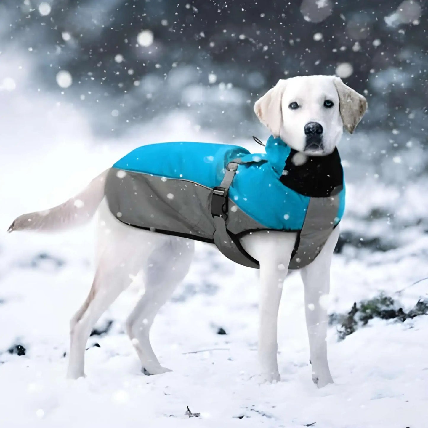 Un labrador dans la neige vêtu d'un imperméable pour chien bleu.