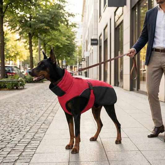 Un homme marche sur un trottoir en ville avec son doberman vêtu d'un imperméable pour chien.