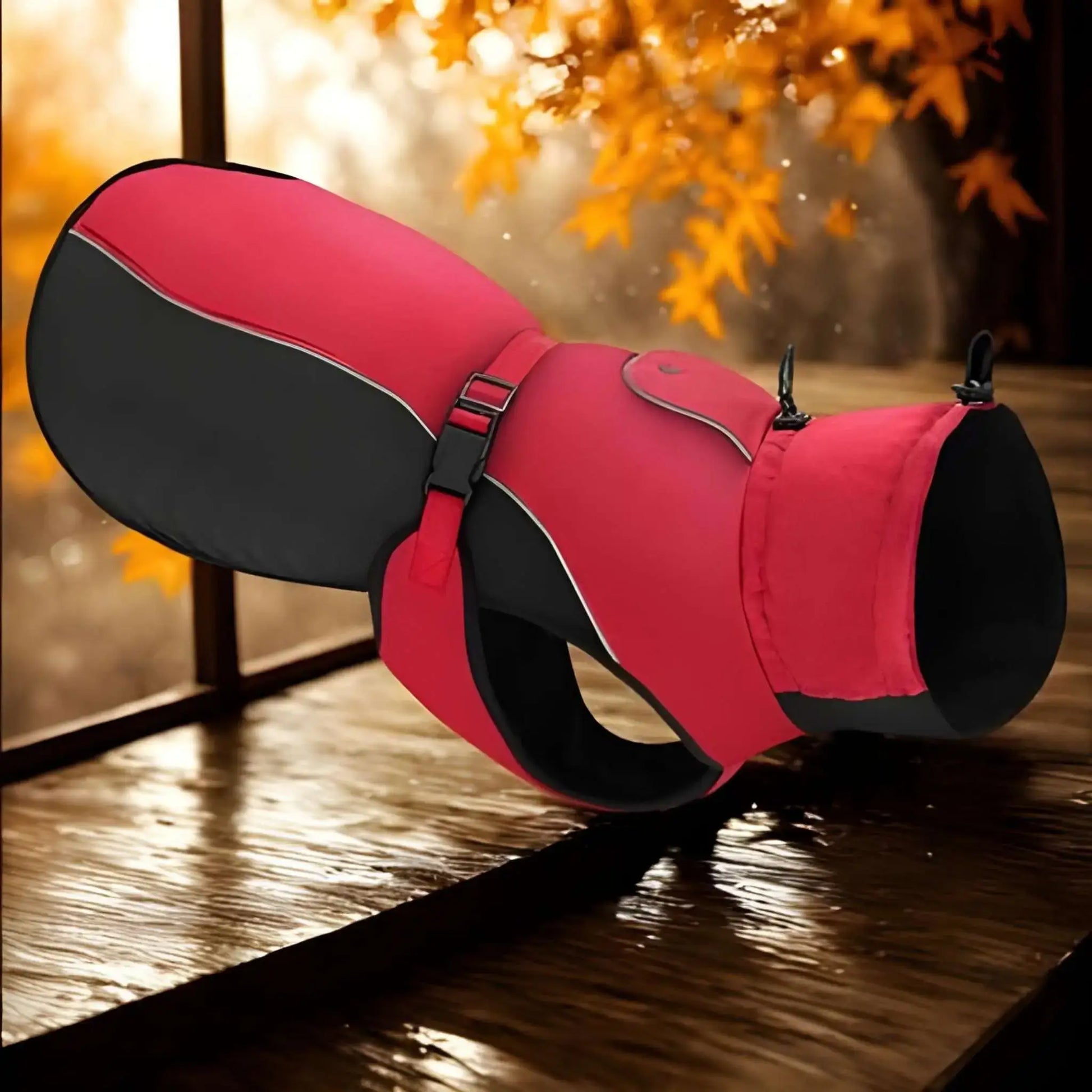 Un imperméable pour chien Stylix rouge sur le rebord d'une fenêtre un jour de pluie en automne.