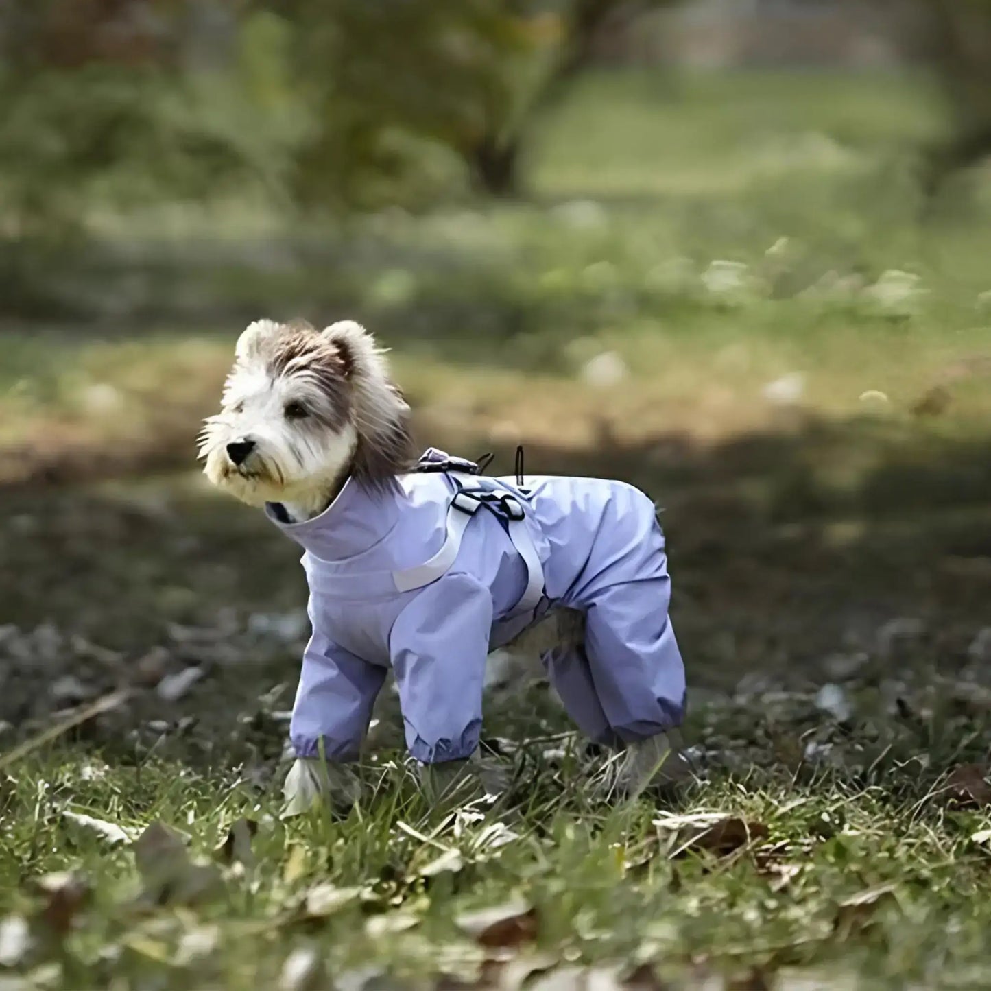 Un schnauzer dans un parc porte un imperméable pour chien bleu.