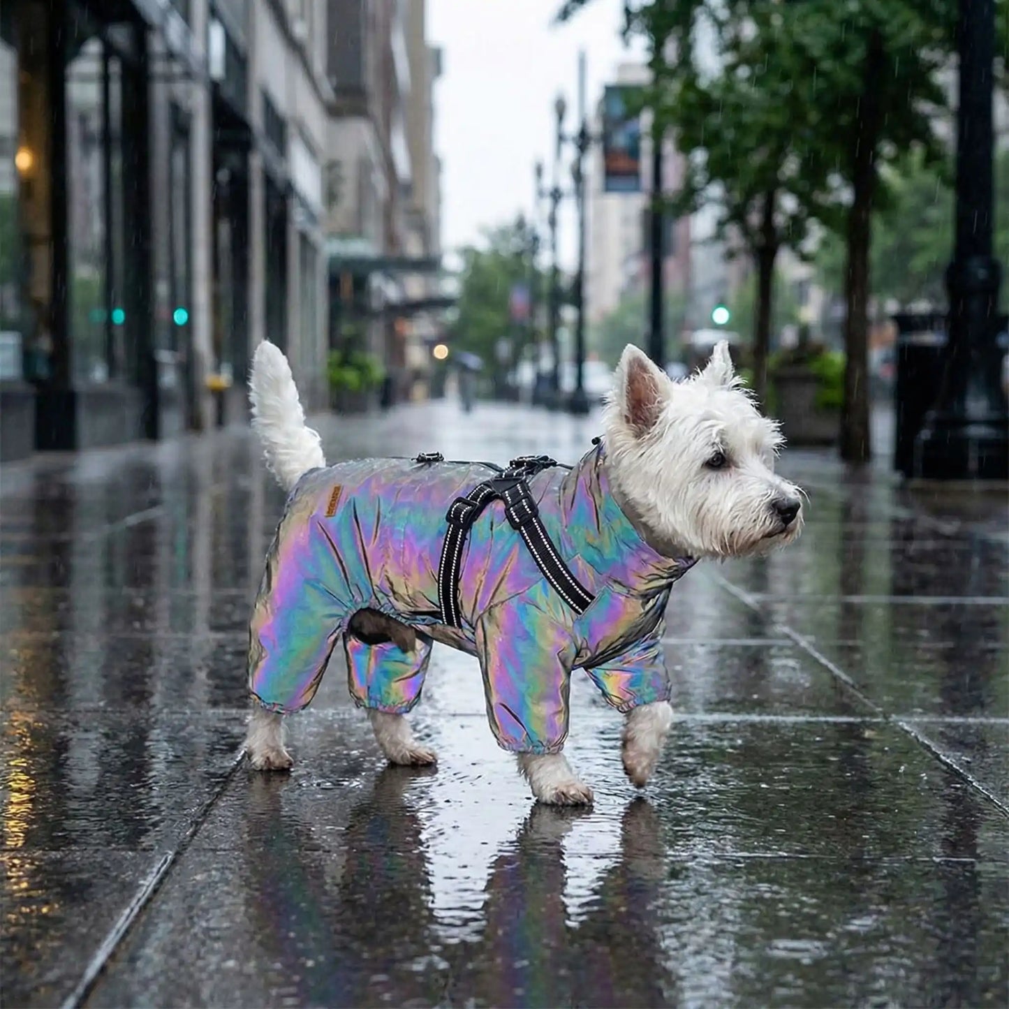 Un west highland dans la rue sous la pluie porte un imperméable pour chien gris laser.