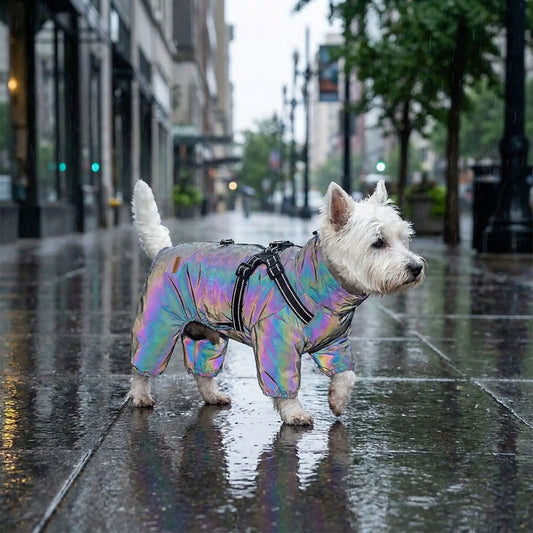 Un west highland marche sur le trottoir en ville sous la pluie avec son imperméable pour chien gris laser.