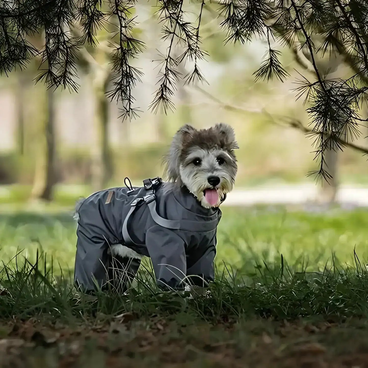 Un schnauzer dans un parc porte un imperméable pour chien gris.