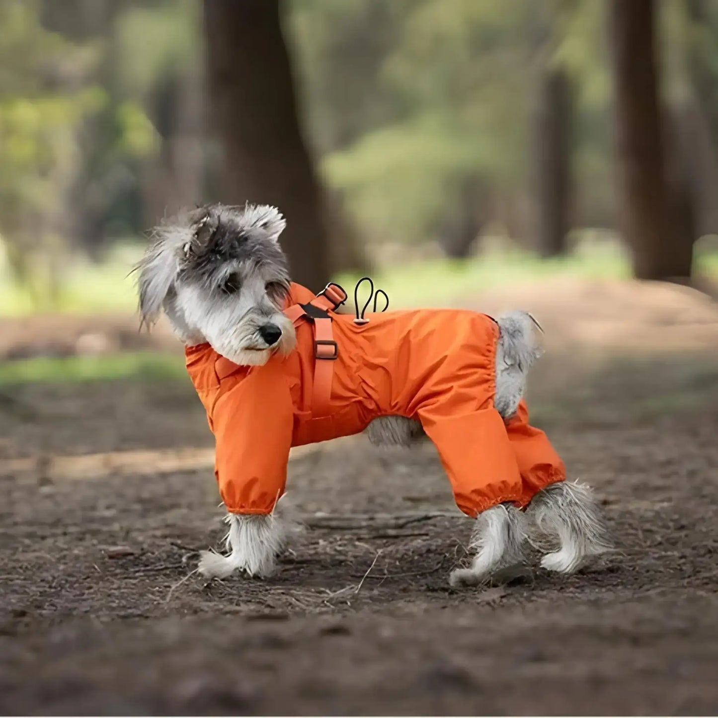 Un schnauzer dans un sentier porte un imperméable pour chien orange.