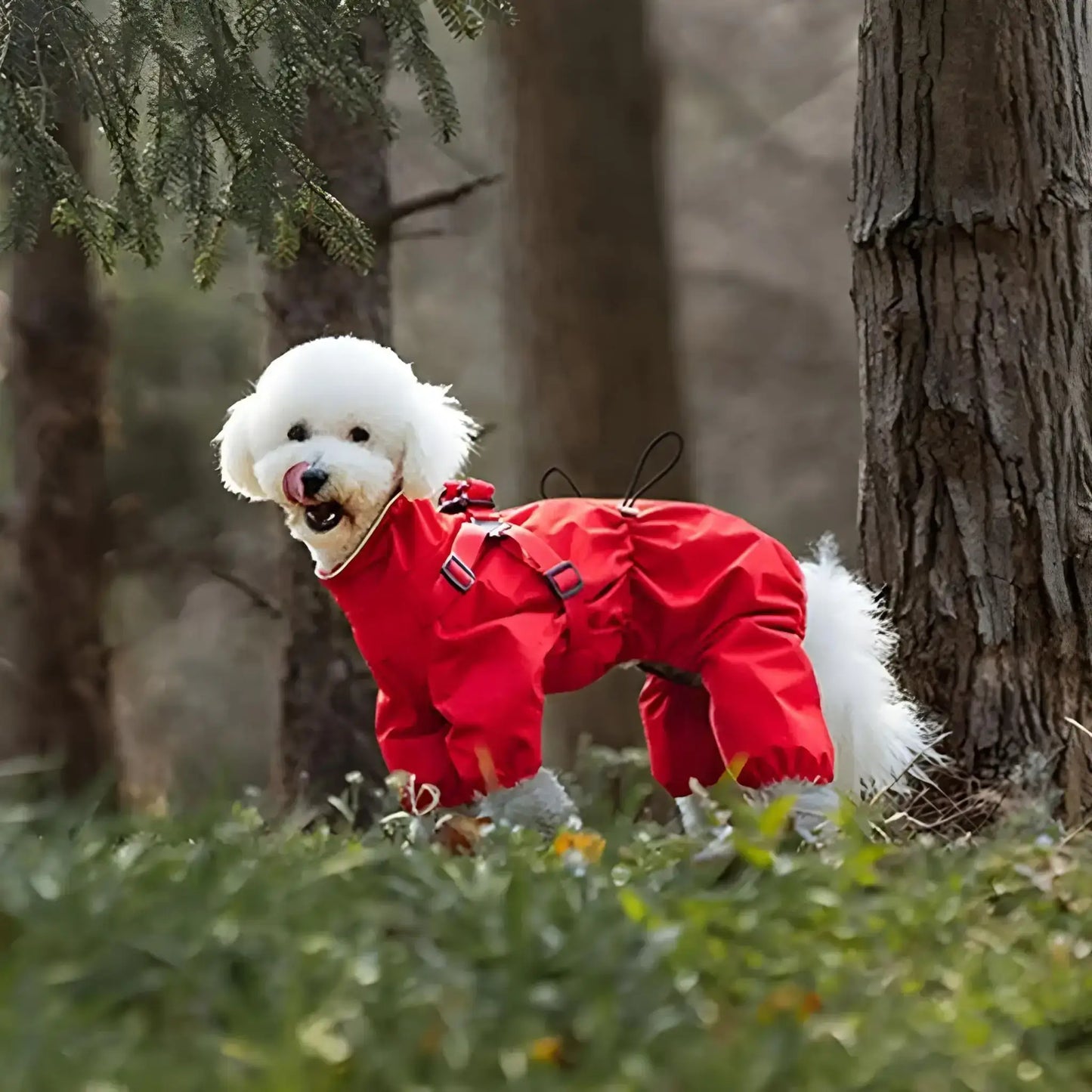 Un caniche dans la forêt porte un imperméable pour chien rouge.