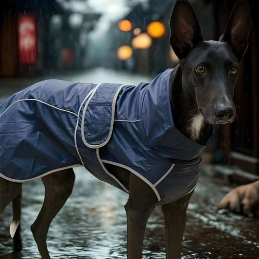 Un lévrier noir dans une ruelle la nuit sous la de pluie est vêtu d'un imperméable pour chien bleu.