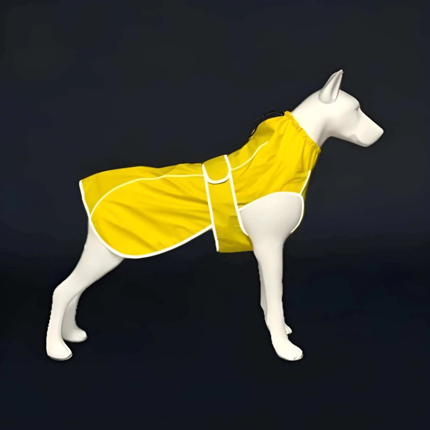 Un modèle vêtu d'un imperméable pour chien jaune.