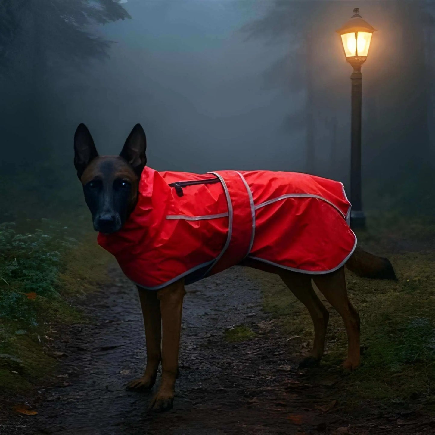 Un malinois la nuit sous la pluie dans un sentier éclairé par un lampadaire est vêtu d'un imperméable pour chien rouge.