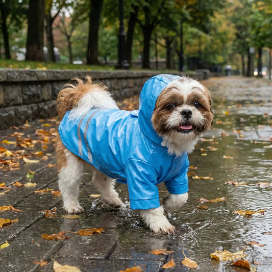 Un shih tzu sous la pluie sur un trottoir vêtu d'un imperméable pour chien bleu.  