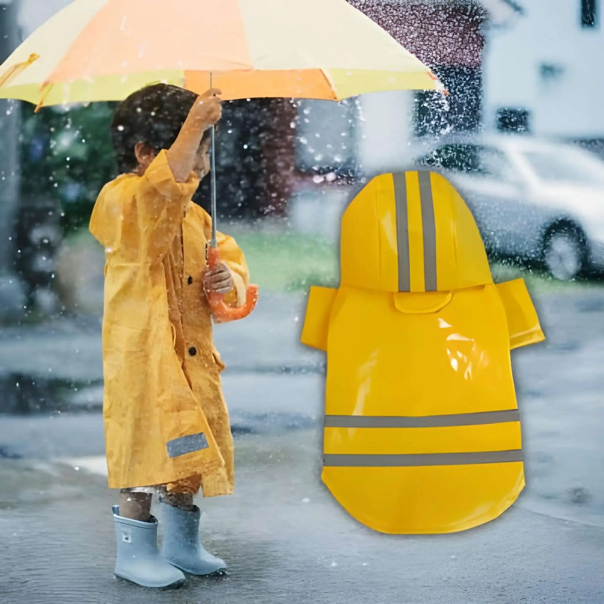 Un garçon avec un parapluie sous la pluie avec un imperméable pour chien jaune.