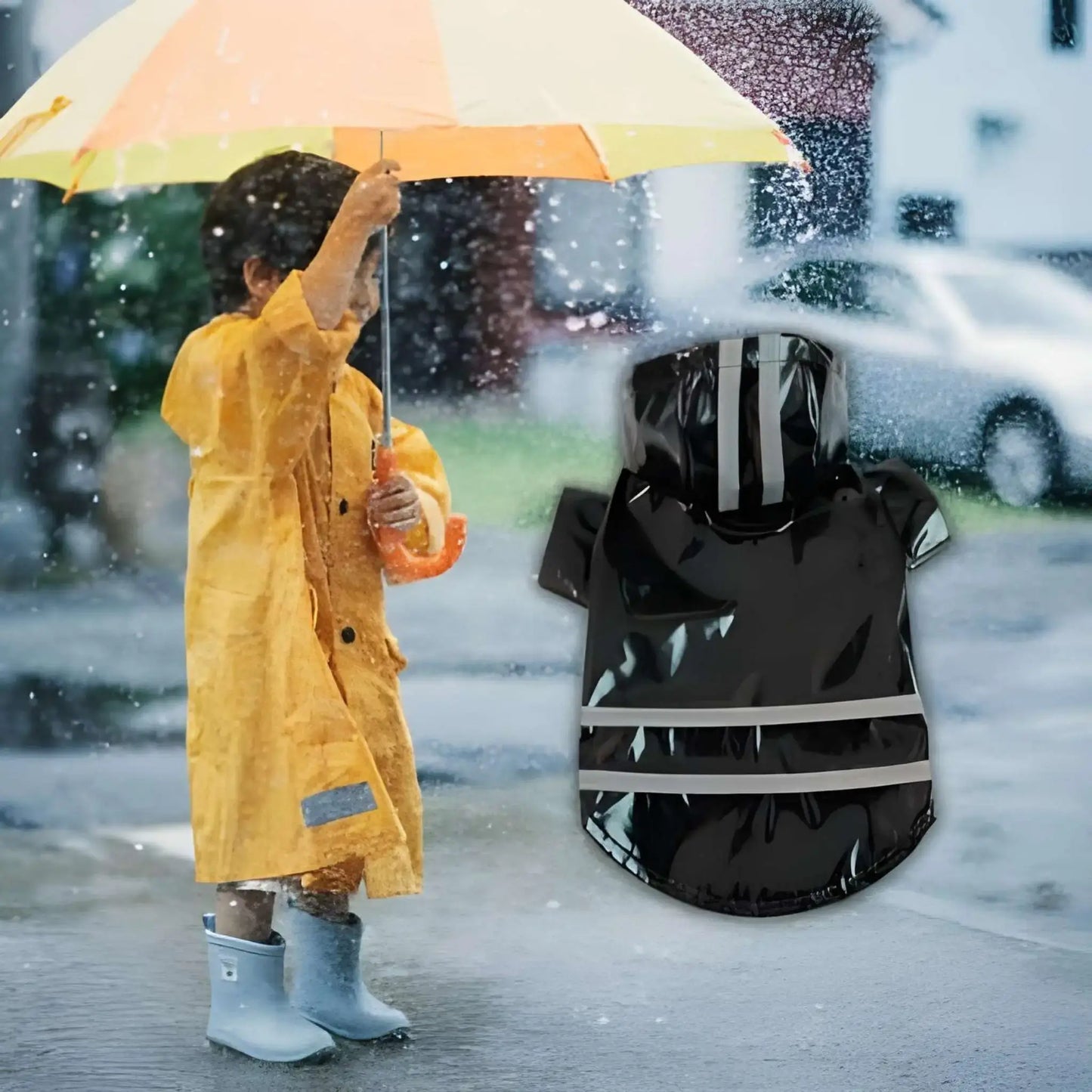 Un garçon avec un parapluie sous la pluie avec un imperméable pour chien noir reflechissant.
