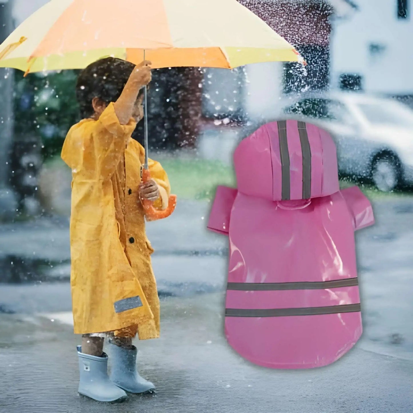 Un garçon avec un parapluie sous la pluie avec un imperméable pour chien en PVC rose.