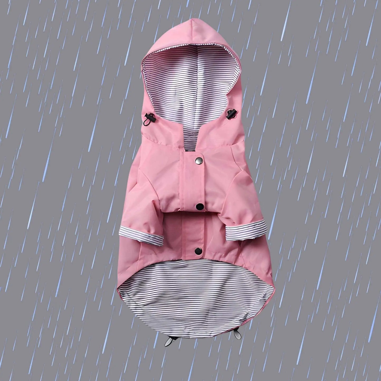 Un imperméable pour notre chien rose sous la pluie.
