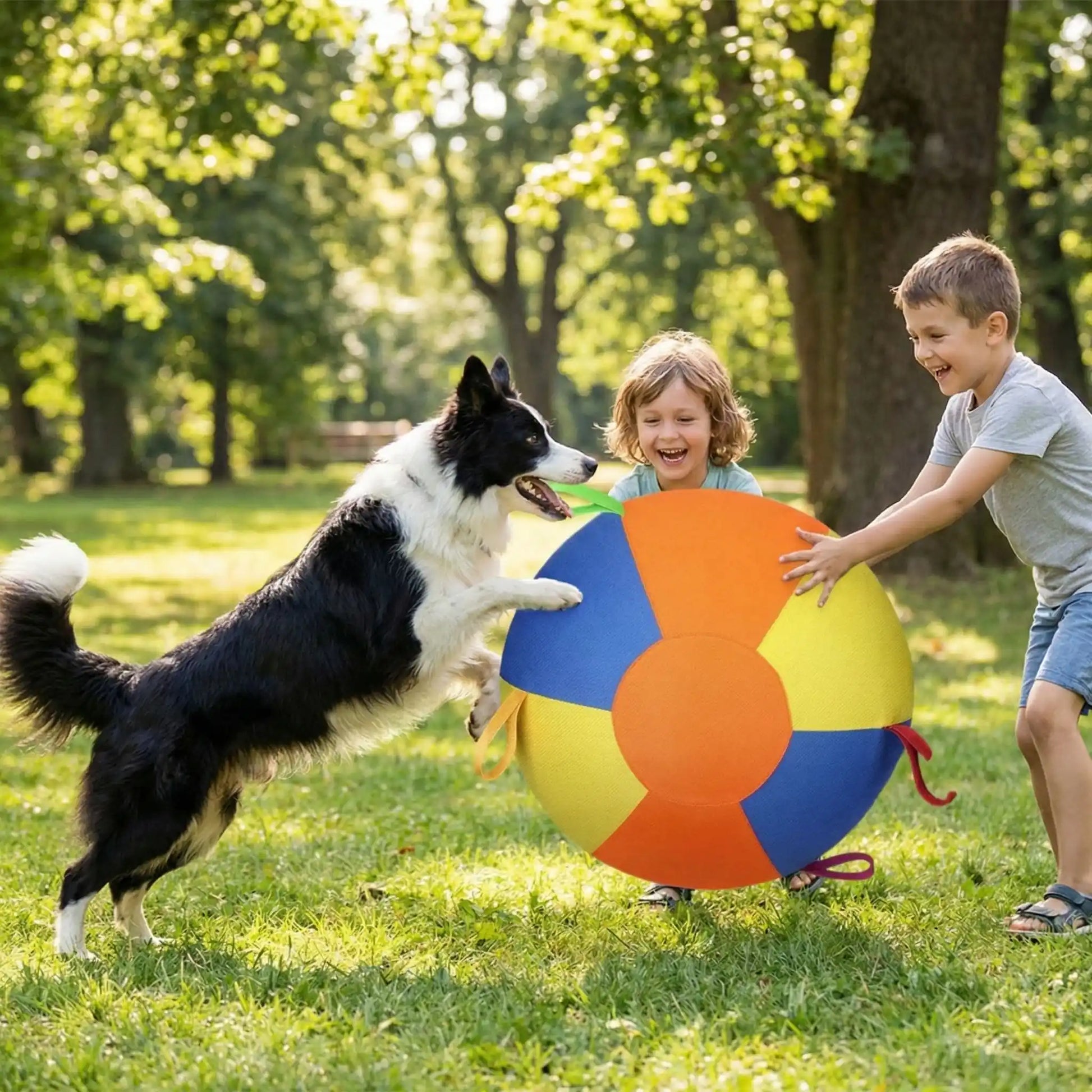 Des enfants jouent avec un border collie dans un parc avec un jouet pour chien.
