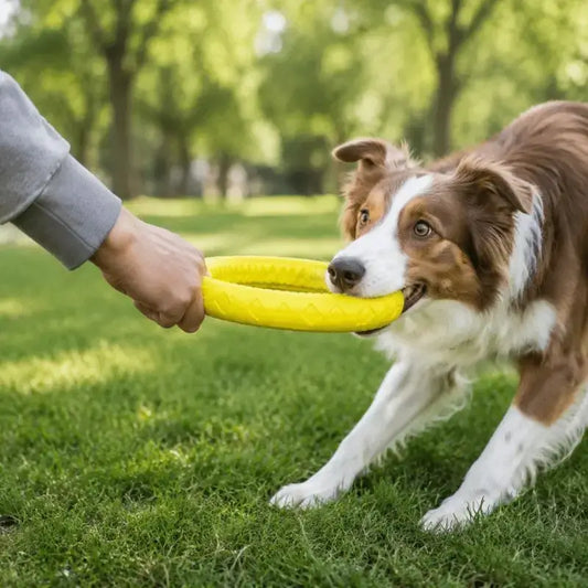 Un border collie tire sur son jouet pour chien.