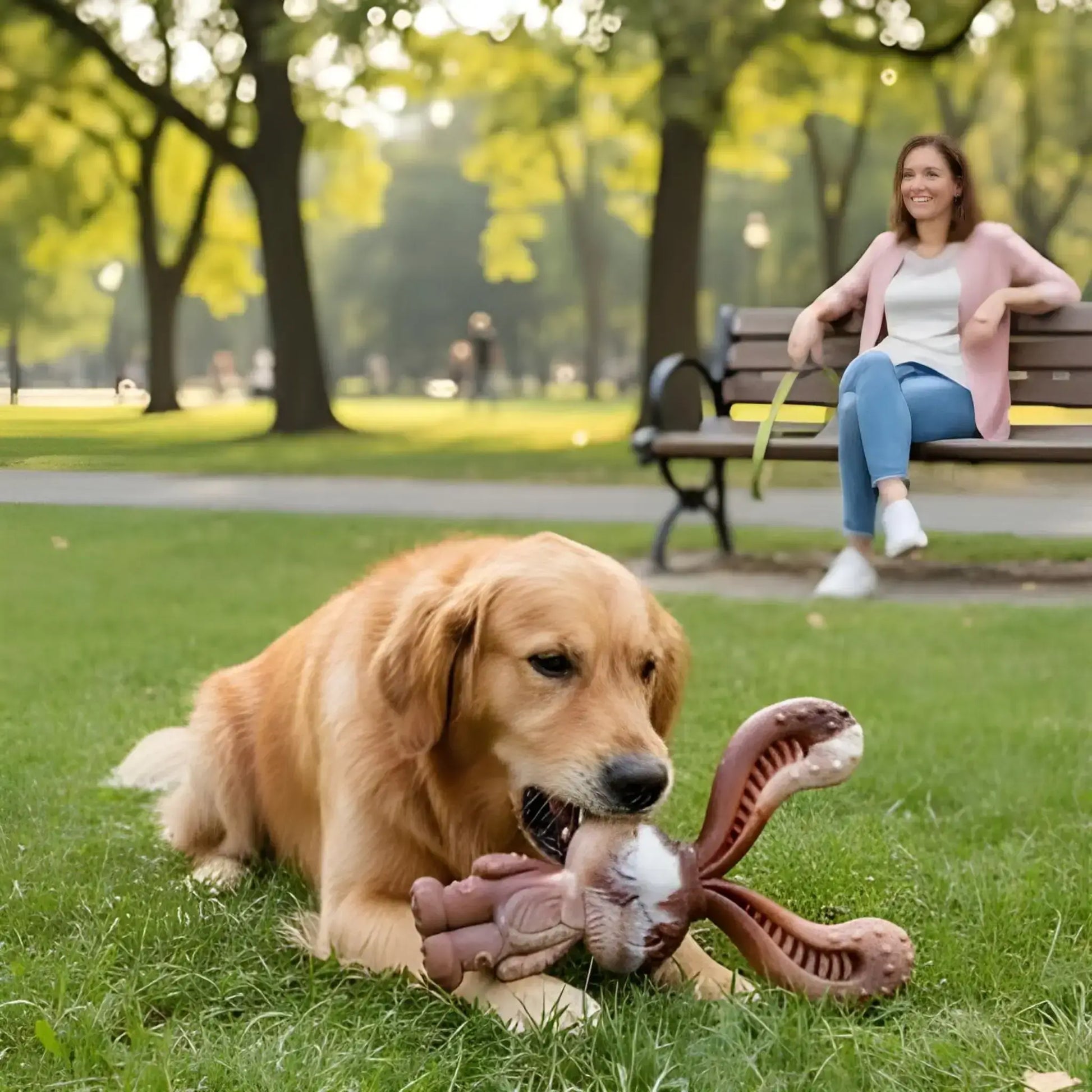 Une femme au parc avec son golden retriever et son jouet pour chien indestructible.