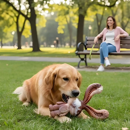 Une femme au parc avec son golden retriever et son jouet pour chien indestructible.