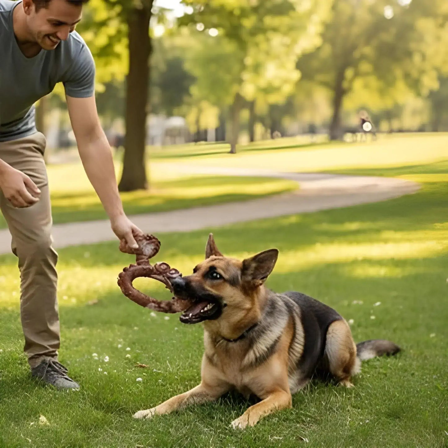 Un homme au parc joue avec son berger allemand et son jouet pour chien indestructible.