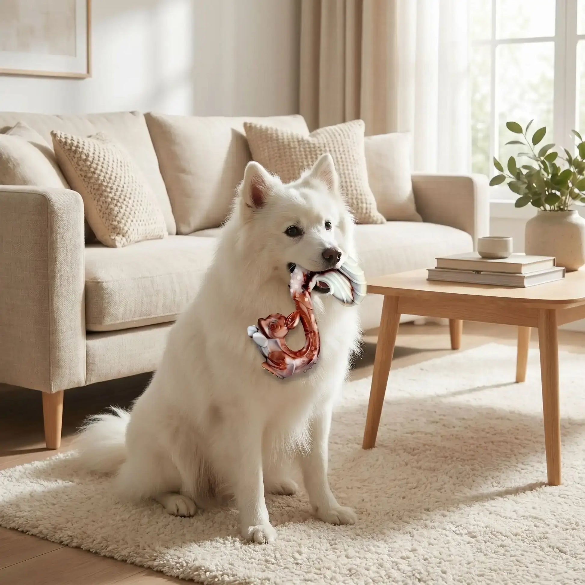 Un pitz japonais moyen dans un salon joue avec son jouet pour chien indestructible.