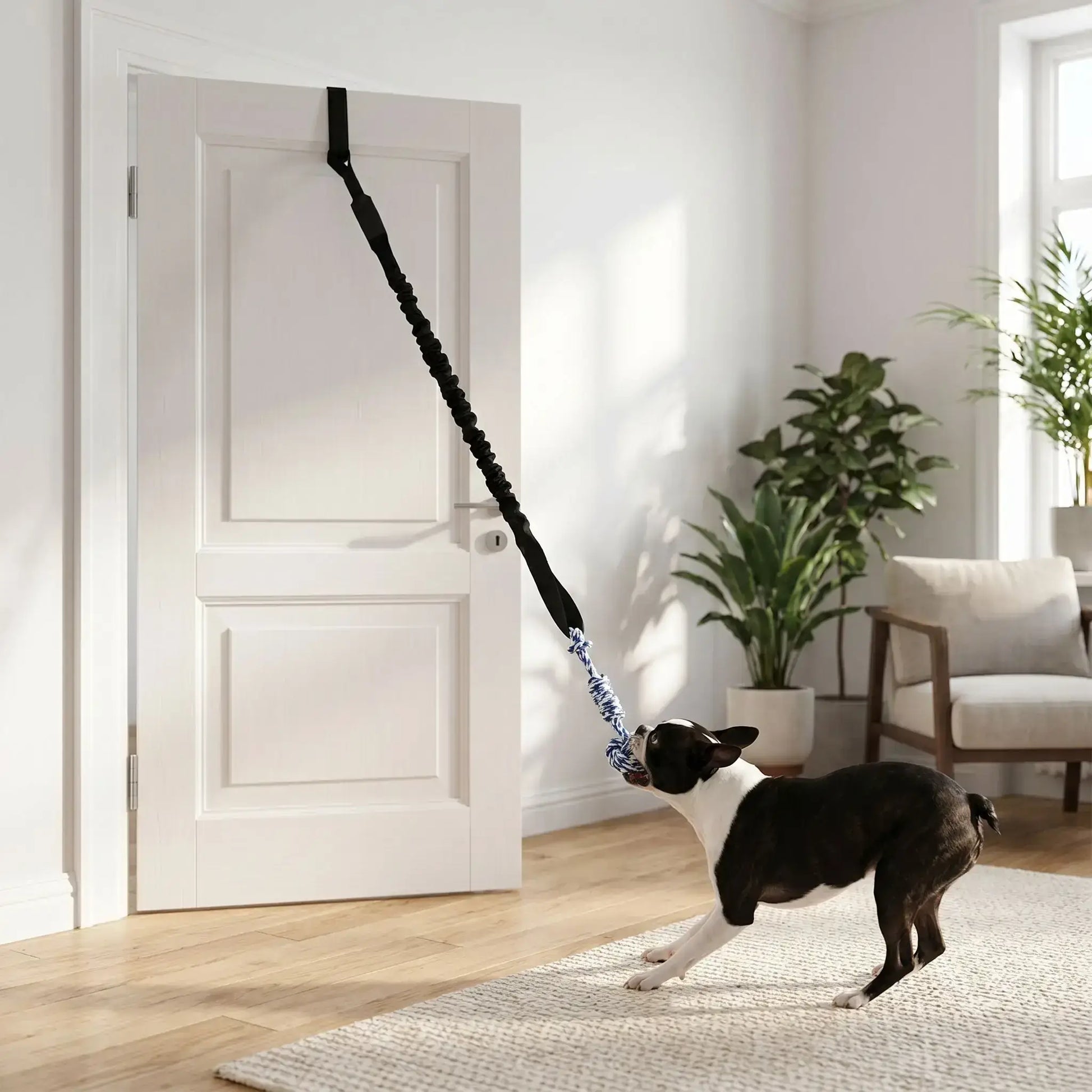 Un Boston terrier tire sur son jouet interactif pour chien accroché à la porte.