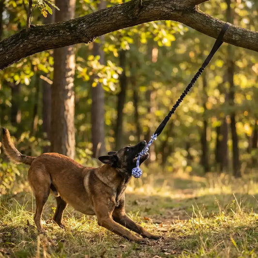 Un malinois tire sur son jouet interactif pour chien accroché à un arbre.