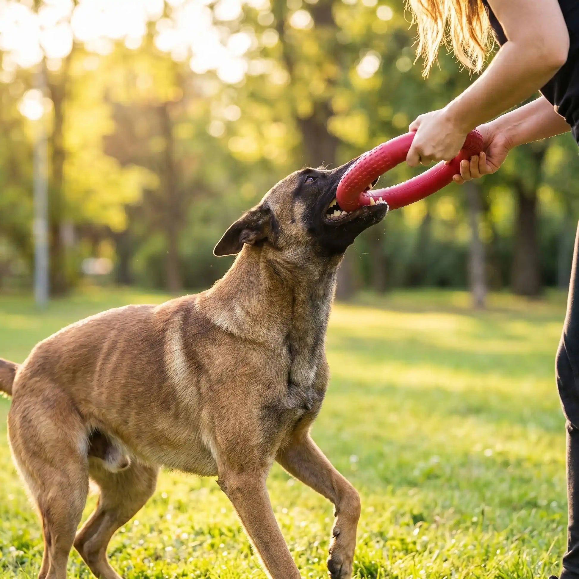Une femme avec son malinois dans un parc joue avec le jouet pour chien.